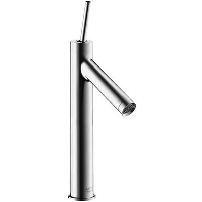 Chrome single-hole bathroom faucet with tall vertical spout and angled swivel spout.