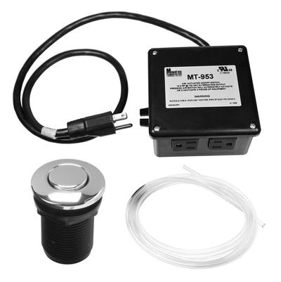 White garbage disposer switch kit with black control box, chrome push button, power cord, and tubing.