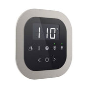 Brushed nickel round flush mount steam shower control panel with digital display showing 110 degrees and touch buttons.