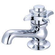 Polished chrome single-handle basin faucet with curved spout and self-closing mechanism mounted on circular base.
