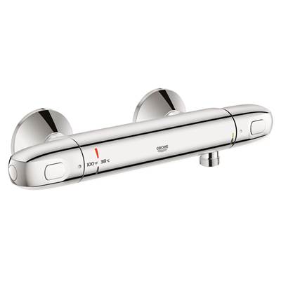 Chrome thermostatic shower valve trim with two round handles and horizontal bar spout.