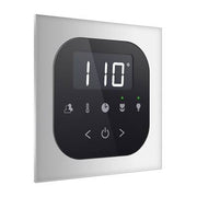 Polished chrome square flush mount steam shower control panel with digital display showing 110 degrees and touch buttons.