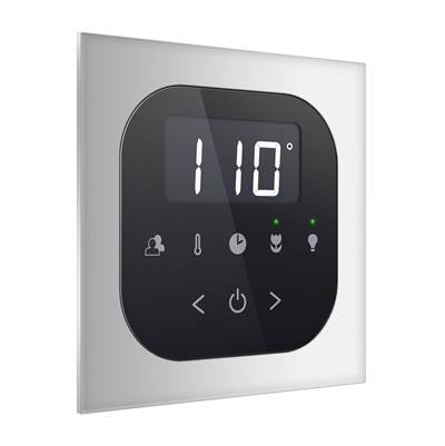 Polished chrome square flush mount steam shower control panel with digital display showing 110 degrees and touch buttons.