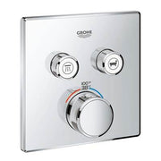 Chrome thermostatic shower trim with two circular control buttons above a larger central dial showing temperature indicator.
