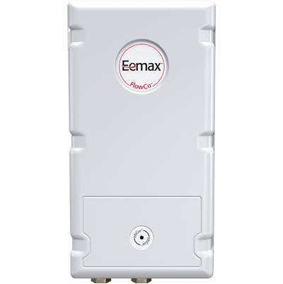 White rectangular tankless water heater with Eemax branding and circular logo on front panel.