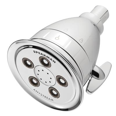 Polished chrome showerhead with six jets and adjustable spray settings on a white background.