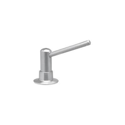Brushed nickel soap and lotion dispenser with cylindrical pump lever and round base.