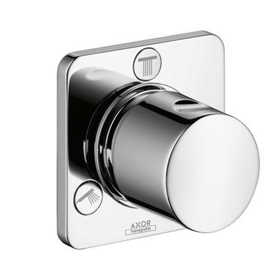 Chrome bathroom trim valve with round handle and square mounting plate featuring control buttons.