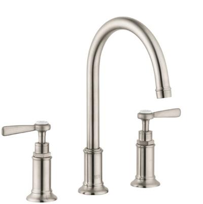Brushed nickel widespread faucet with curved spout and two lever handles on either side.