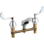 Chrome and brass concealed sink faucet with dual blue lever handles and center spout.
