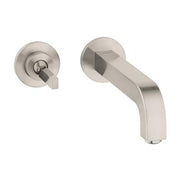Brushed nickel wall-mount faucet with single handle lever and curved spout shown in two views.