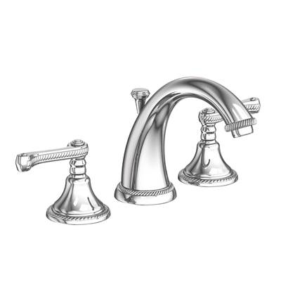 Chrome widespread bathroom sink faucet with arched spout and two lever handles.