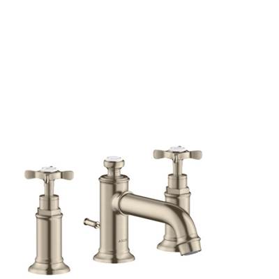 Brushed nickel widespread bathroom faucet with low spout and cross handles on three-piece fixture.