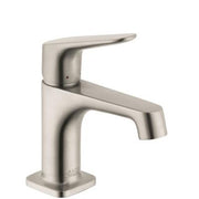 Brushed nickel single-hole bathroom faucet with angular spout and squared base.