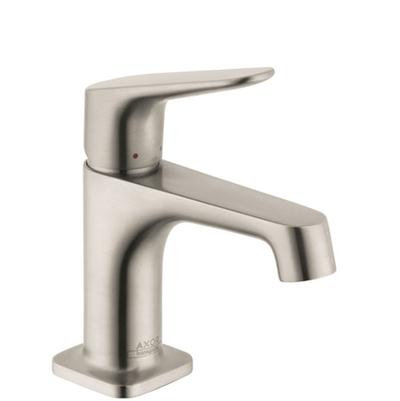 Brushed nickel single-hole bathroom faucet with angular spout and squared base.