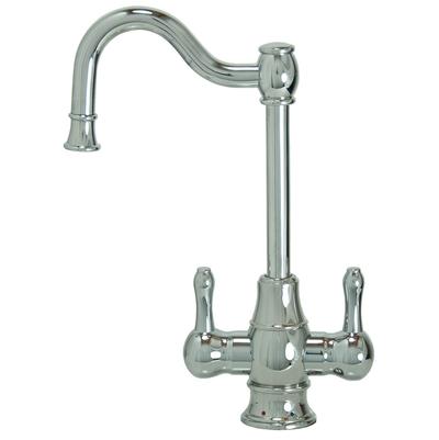 Brushed nickel water dispenser faucet with curved spout and dual handles for hot and cold water.