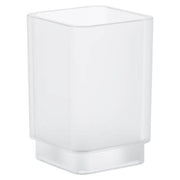 Chrome-finished bathroom glass holder with frosted white glass and rectangular cube shape.