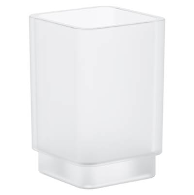 Chrome-finished bathroom glass holder with frosted white glass and rectangular cube shape.