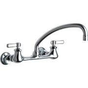 Chrome wall-mounted sink faucet with dual lever handles and curved spout.