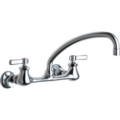 Chrome wall-mounted sink faucet with dual lever handles and curved spout.