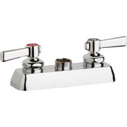Chrome deck-mount faucet with two lever handles and center threaded opening, no spout included.