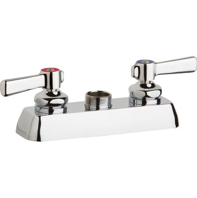 Chrome deck-mount faucet with two lever handles and center threaded opening, no spout included.