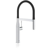 Chrome kitchen faucet with black flexible hose and high arched spout.