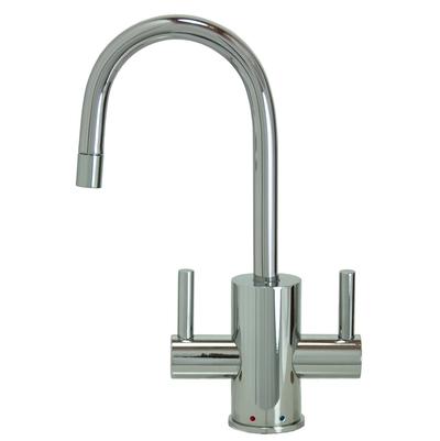 Modern kitchen faucet with dual handles, curved spout, and brushed metal finish for hot and cold water dispensing.