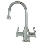 Brushed nickel hot and cold water dispenser faucet with dual lever handles and curved pull-down spout.