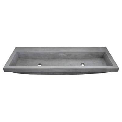 Rectangular concrete trough sink in gray with two drain holes and no faucet holes.
