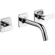 Chrome wall-mounted widespread faucet with curved spout and lever handles on square backplates.