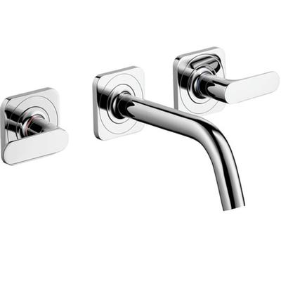 Chrome wall-mounted widespread faucet with curved spout and lever handles on square backplates.