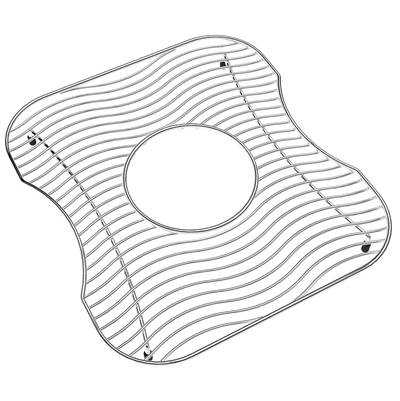 Stainless steel sink grid with wavy edges, center circular opening, and mounting points at corners.