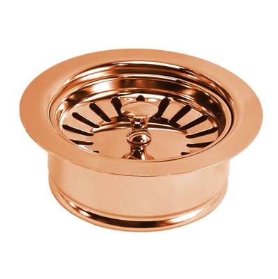 Polished copper basket strainer with disposer trim, featuring a round drain basket with radial slots and center post.