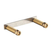 Brass and stainless steel shower pipe rough-in body with two cylindrical connection ports and horizontal mounting bracket.