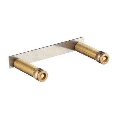 Brass and stainless steel shower pipe rough-in body with two cylindrical connection ports and horizontal mounting bracket.