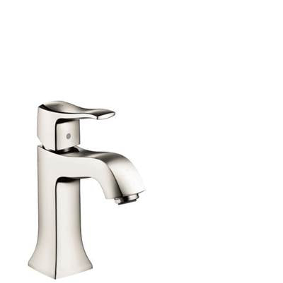Polished nickel single-hole bathroom faucet with curved spout and rectangular handle.