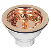 Polished copper basket strainer with 3.5" diameter, featuring ribbed copper bowl and white plastic threaded base.
