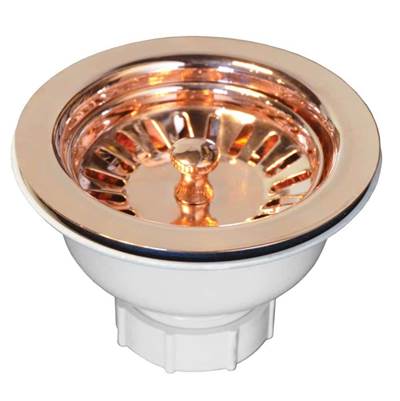 Polished copper basket strainer with 3.5" diameter, featuring ribbed copper bowl and white plastic threaded base.