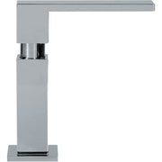 Chrome soap dispenser with square matte gray body and tall cylindrical pump mechanism.