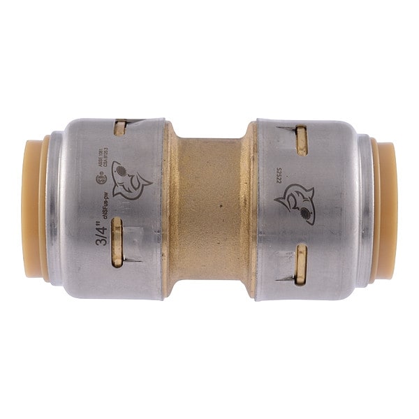 3/4" brass push coupling with gray polymer ends and shark bite logo markings on both sides.