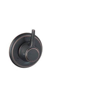 Rubbed bronze circular trim plate with integrated handle lever and control interface for shower valve.