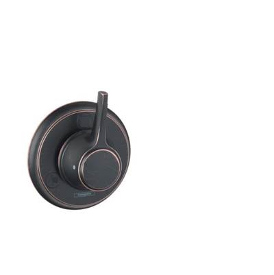 Rubbed bronze circular trim plate with integrated handle lever and control interface for shower valve.