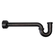 Oil rubbed bronze P-trap with curved bend, wall-mounted horizontal pipe with round cap and vertical drain connection.