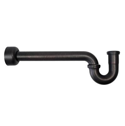 Oil rubbed bronze P-trap with curved bend, wall-mounted horizontal pipe with round cap and vertical drain connection.