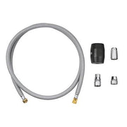 Coiled gray kitchen faucet hose with brass fittings and assorted connector adapters displayed separately.