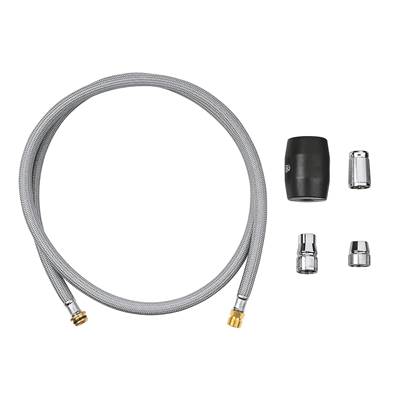 Coiled gray kitchen faucet hose with brass fittings and assorted connector adapters displayed separately.