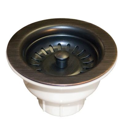 Oil-rubbed bronze basket strainer with white plastic collar and radiating basket design for sink drainage.