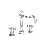 Polished chrome three-piece kitchen faucet with tall center spout, curved right-side spray arm, and two smaller cross-handle 