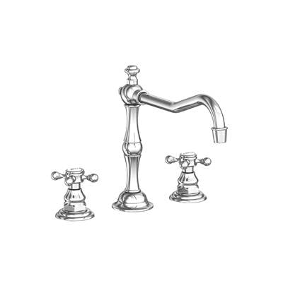Polished chrome three-piece kitchen faucet with tall center spout, curved right-side spray arm, and two smaller cross-handle 
